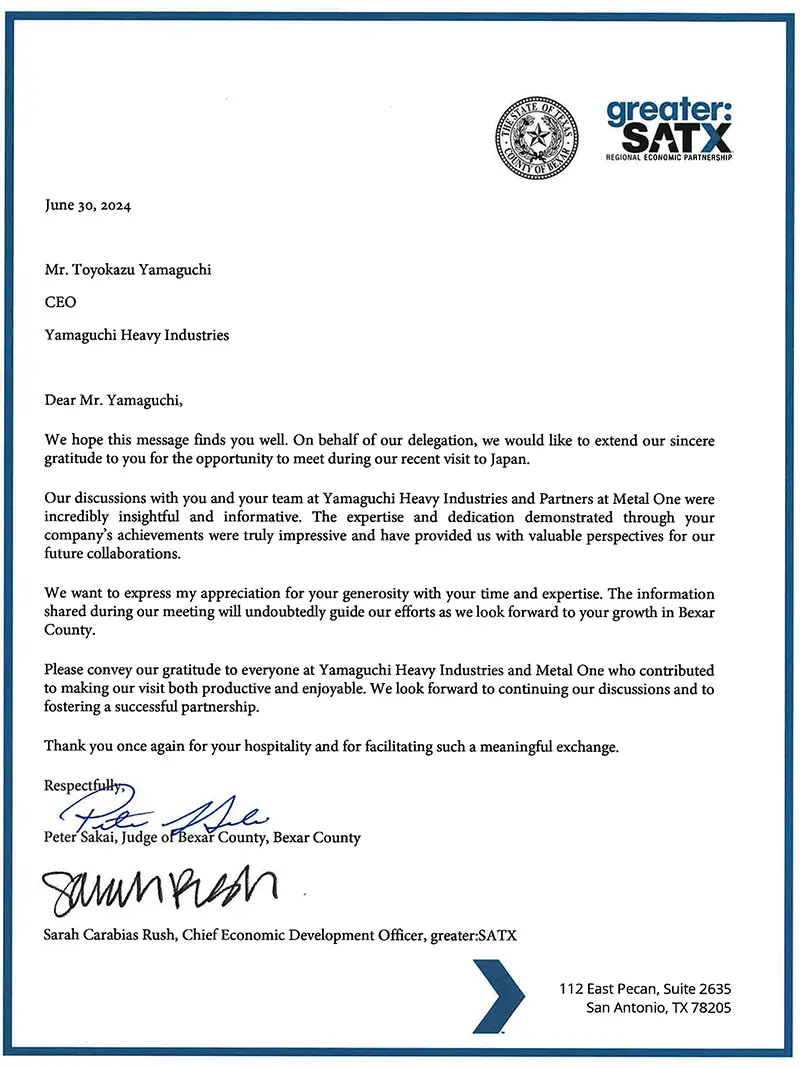 Personal letter to YHI from Bexar County and gSATX